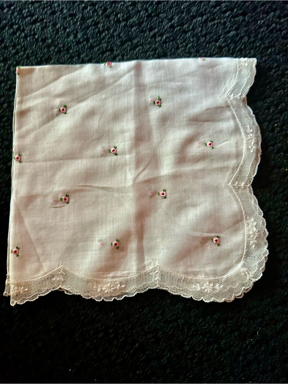 Delicate White Linen  Embroidered Handkerchief with Pink 🌸